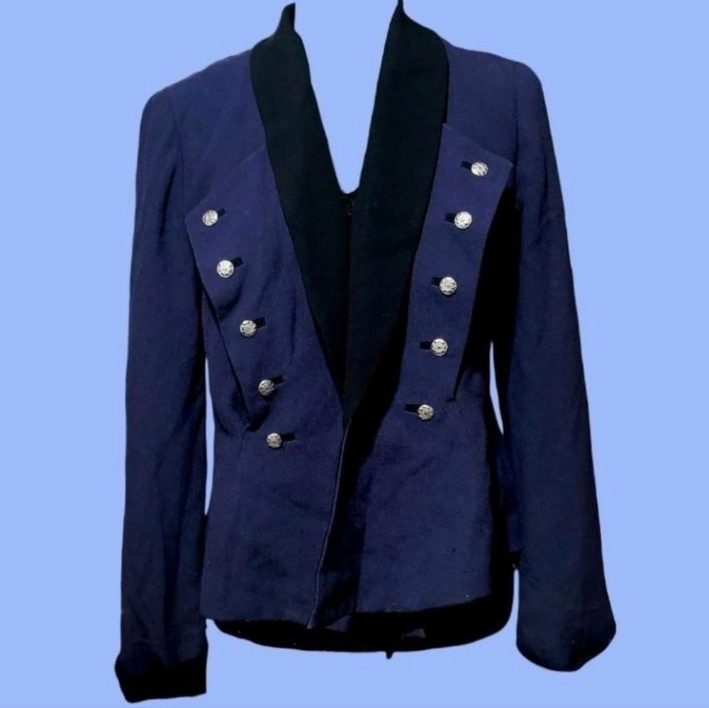 Navy Blazer with Black Lapel and Silver Buttons